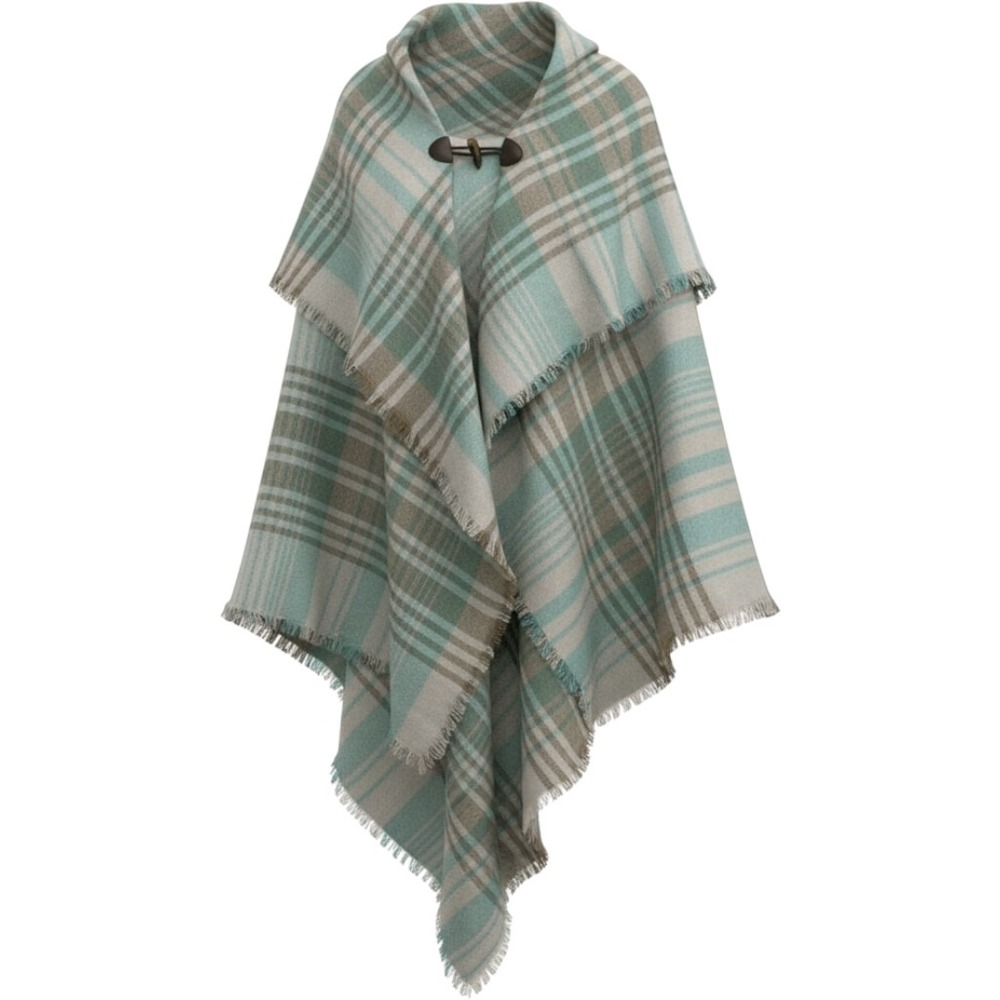 Women's Plaid Toggle Poncho Wrap Teal Green Sage Cream Fringed Shawl Cape OS